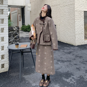 小香风碎花咖色毛呢外套半身裙套装女秋冬高级感气质小个子两件套图片
