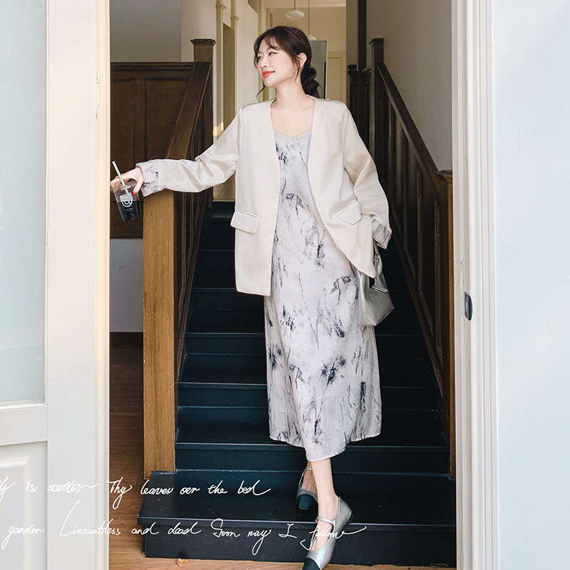 法式水墨印花吊带连衣裙套装女2025春季新款气质高级感西服两件套,女装套装/套裙,2C018
