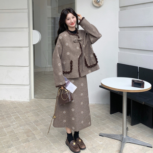 小香风碎花咖色毛呢外套半身裙套装女秋冬高级感气质小个子两件套图片