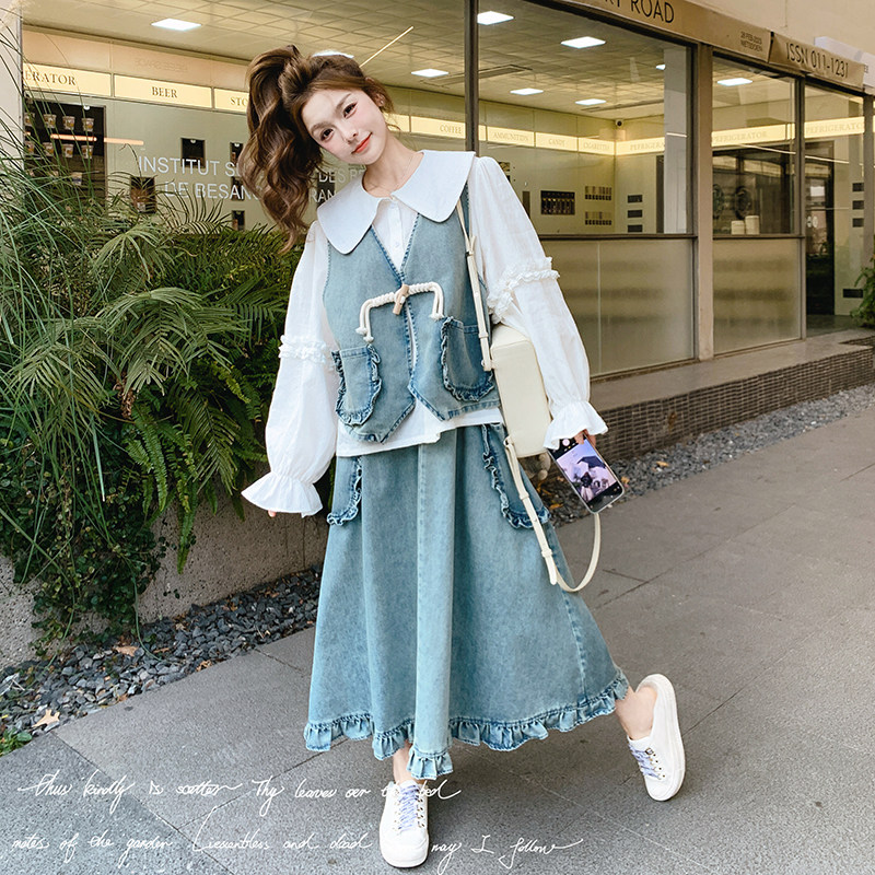 蓝色牛仔套装裙女2025春季新款设计感超好看衬衫马甲半身裙三件套,女装套装/套裙,2C018
