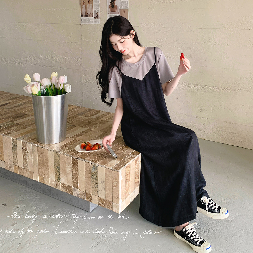 超好看拼接假两件连衣裙女2025年夏季新款高级感宽松显瘦休闲长裙图片