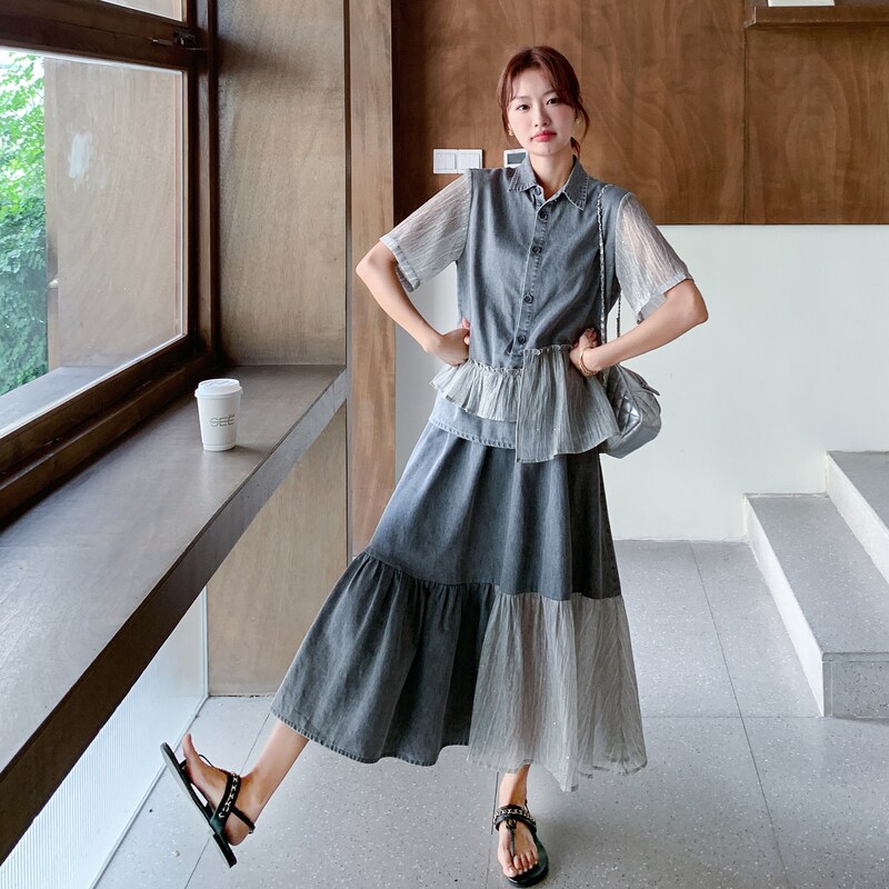 新款数据好牛仔拼接两件套2C018-6021-P155-K228,女装套装/套裙,2C018