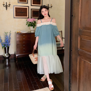 法式渐变吊带一字肩连衣裙女2025夏季新款韩版宽松显瘦拼接长裙子图片