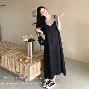 超好看拼接假两件连衣裙女2025年夏季新款高级感宽松显瘦休闲长裙图片