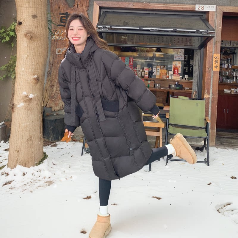 高级感长款羽绒服女2024时尚新款针织口袋保暖90白鸭绒面包服,女装羽绒服,2C018