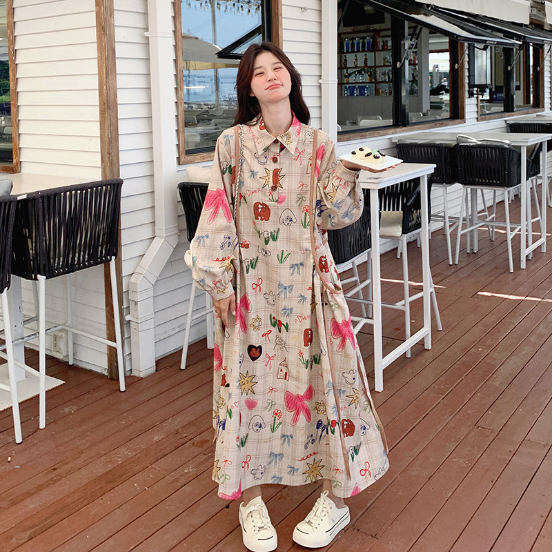 学院风印花衬衫连衣裙女春秋2025新款超火好看高级感小众气质长裙,女装连衣裙,2C018