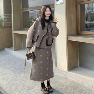 小香风碎花咖色毛呢外套半身裙套装女秋冬高级感气质小个子两件套图片