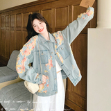 早秋季新款美式减龄时尚显瘦粉色烧花蕾丝牛仔外套女情侣潮牌复古，女装短外套，2C018