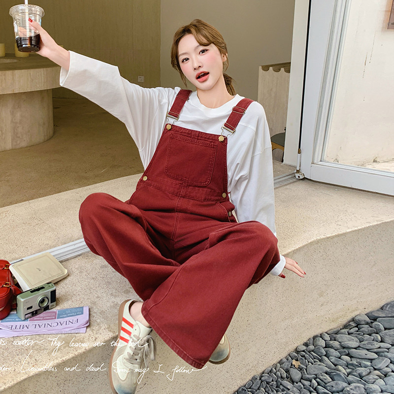 美式复古红色工装牛仔背带裤女春季新款小个子直筒宽松洋气减龄,女装牛仔裤,2C018