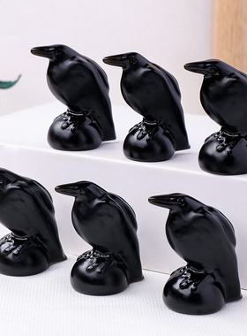 跨境黑曜石乌鸦雕像仿真乌鸦装饰雕刻件万圣节家居装饰工艺品