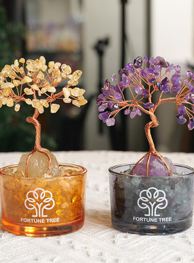 天然水晶碎石聚宝盆发财树紫水晶黄水晶摇钱树手工编织水晶招财