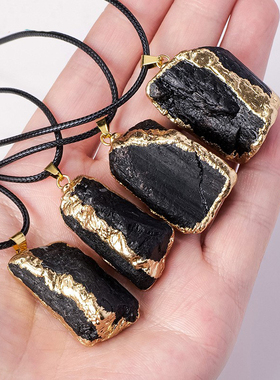 跨境天然水晶原石黑碧玺鎏金吊坠电气石石柱吊坠水晶项链饰品