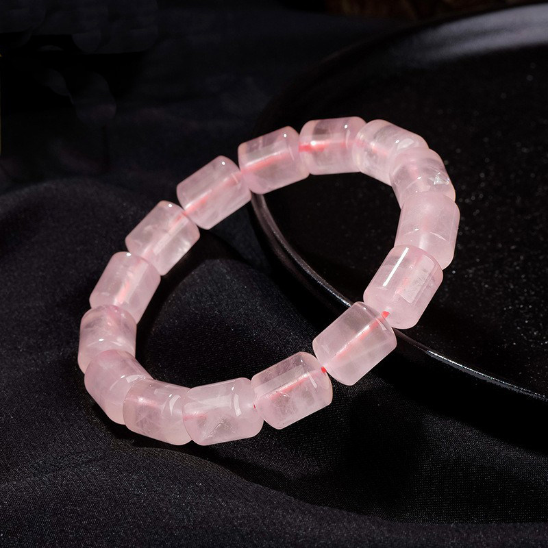 天然水晶粉水晶桶珠手串冰种粉晶马粉芙蓉石单圈手串女招桃花