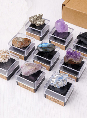 天然水晶原石矿石标本套盒水晶矿物晶体化石儿童科普教学礼物