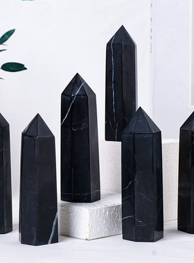 跨境Shungite次石墨水晶柱水晶原石单尖六棱柱摆件东海水晶柱