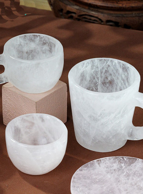 跨境天然水晶原石茶杯咖啡杯 白水晶粉水晶打磨 爱心能量杯