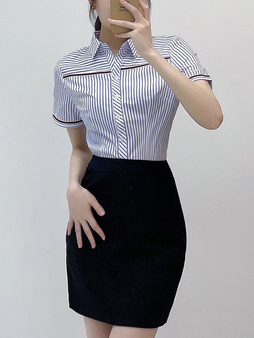 PROFESSIONAL SUIT WOMENS SHORT SLEEVES SUMMER TEMPERAMENT GODDESS FAN STRIPED SKIRT HOTEL FRONT DESK OVERALLS CASHIER RECEPTION OVERALLS
