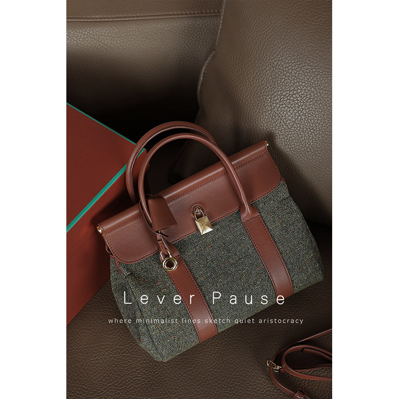 Lonely Piano26老钱风复古挂锁手提单肩包粗花呢羊绒拼皮托特包女,箱包皮具/热销女包/男包,托特包,淘宝优惠券,粉丝福利购,淘宝优惠卷