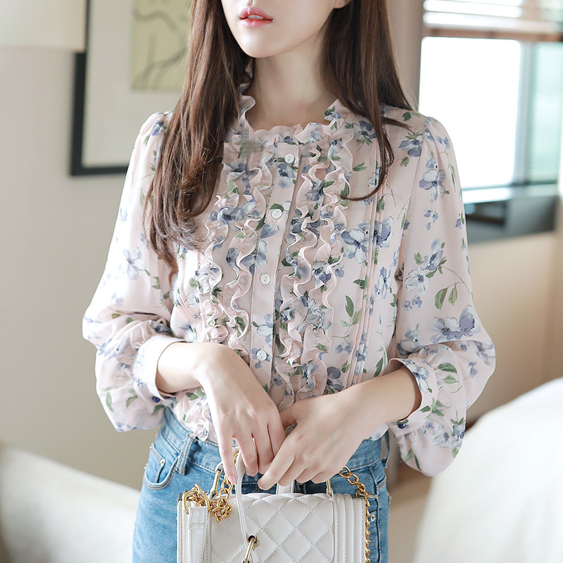 2020秋冬小衫洋气长袖碎花雪纺衬衫时尚遮肚子上衣气质减龄打底衫