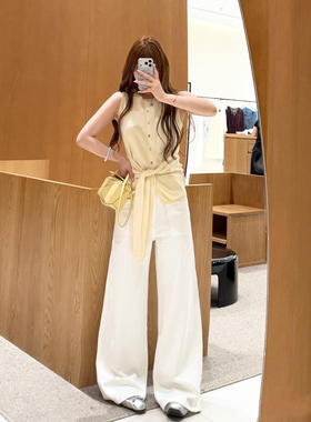 2026夏季新款时尚奶黄色无袖圆领单排扣绑带收腰显瘦针织衫上衣女