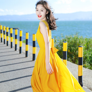 2024夏季新款女装海边度假沙滩裙黄色复古雪纺连衣裙波西米亚长裙