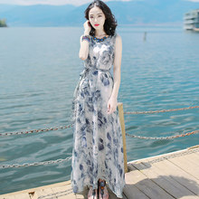2022新款 早春夏沙滩裙高级感水墨画海边度假雪纺连衣裙子 气质女装