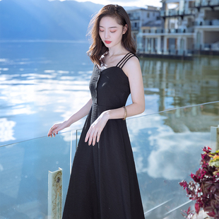 新款 2021夏季 海边度假超仙沙滩裙v领显瘦女长裙子小黑裙连衣裙