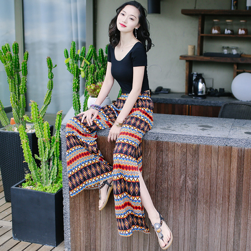 夏季新款女装民族风度假喇叭裤