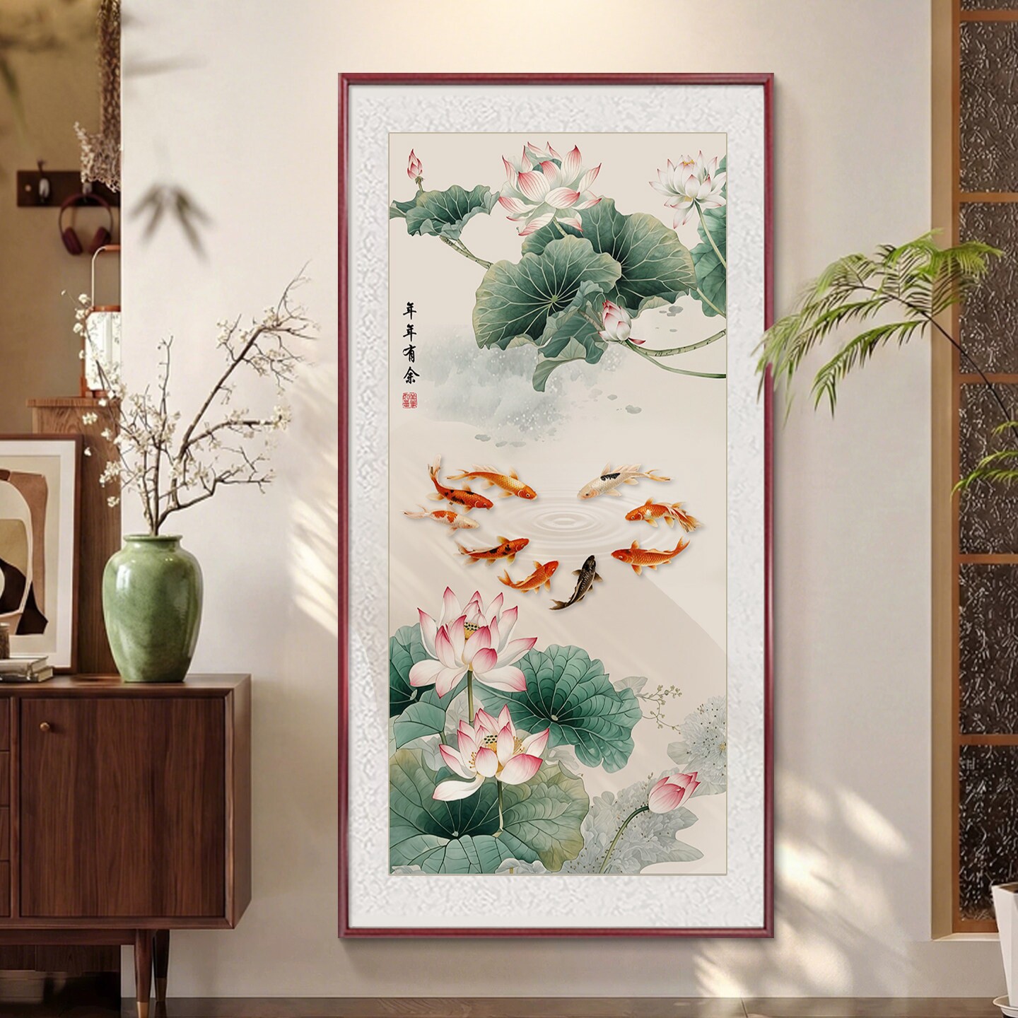 国画手绘工笔画玄关九鱼图走廊过道竖版装饰墙画客厅荷花鲤鱼挂画