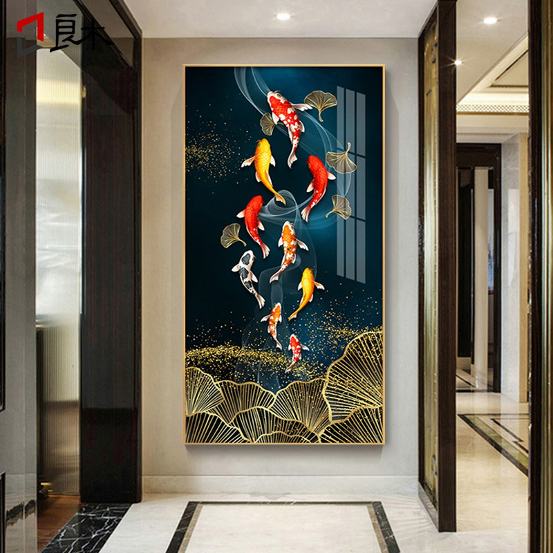 九鱼图玄关装饰画入户玄关竖版晶瓷画镶钻走廊过道挂画新中式壁画