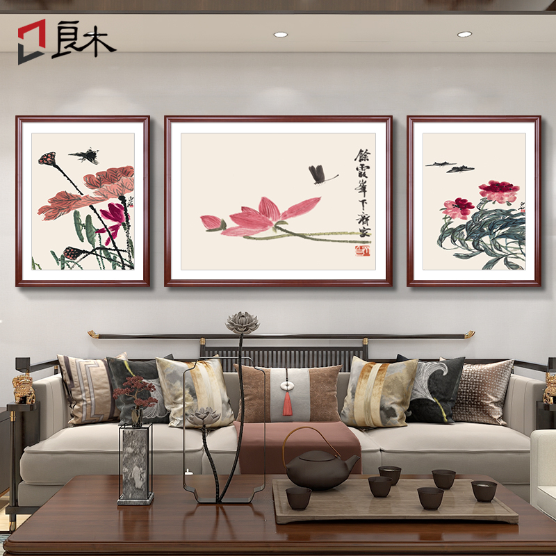 齐白石客厅装饰画新中式沙发背景墙三联挂画2025新款壁画荷花国画图片