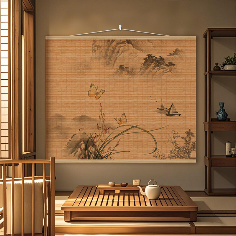 新中式禅意古风茶室大尺寸竹帘片挂画书房客厅玄关墙壁装饰画定制图片