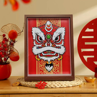 醒狮纸雕舞狮剪纸文创礼物摆件客厅装饰挂件立体画卡纸艺术打印