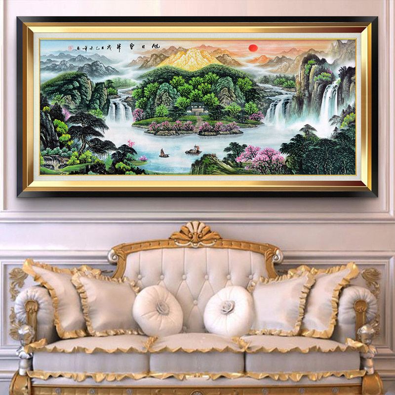 旭日东升山水画客厅沙发背景墙挂画背有靠山招财办公室风景油画_虎窝淘