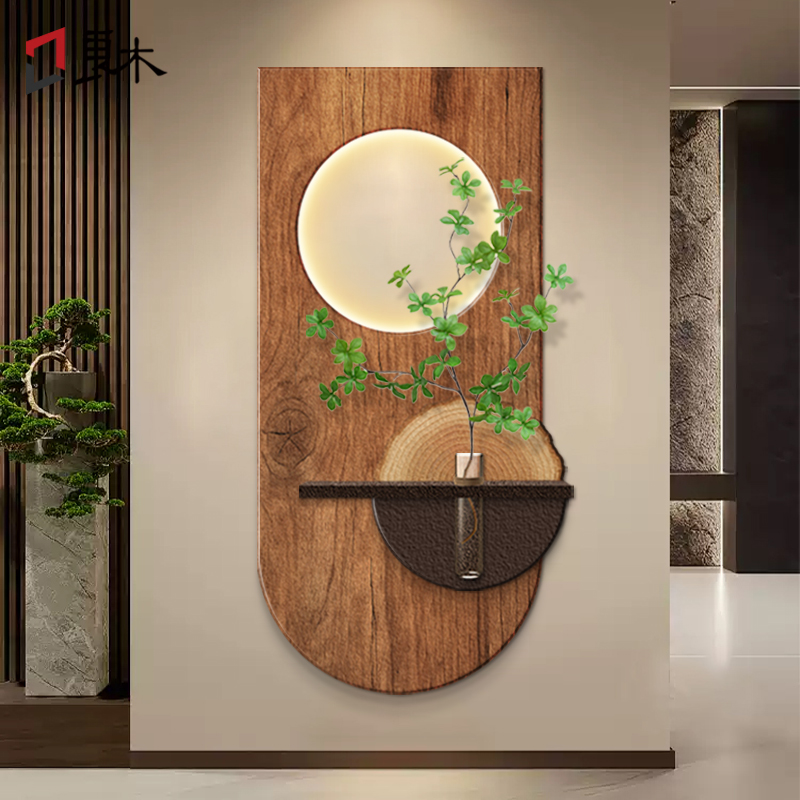 水培绿植入户玄关装饰画中古风立体砂岩高级感走廊尽头挂画壁画灯图片