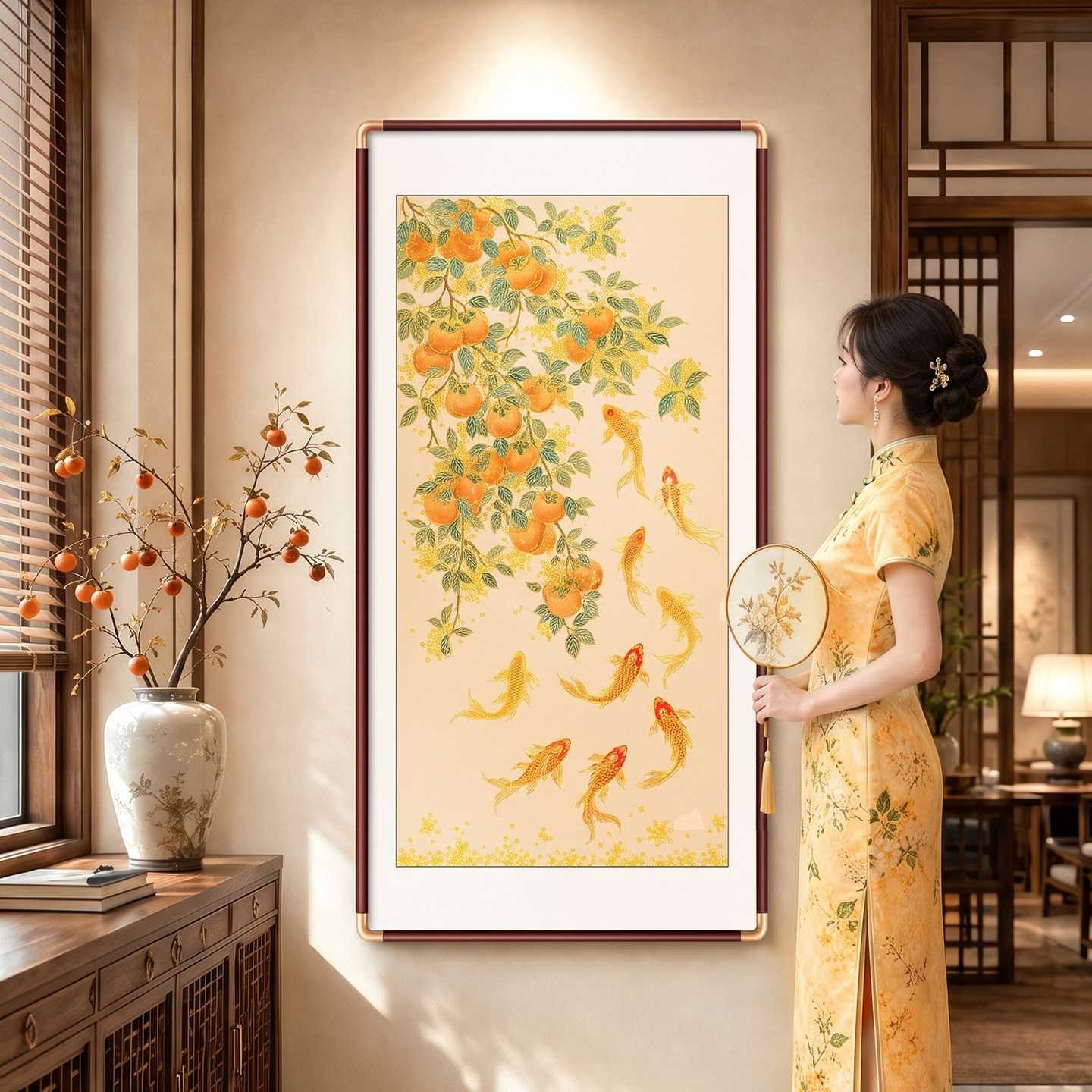 柿柿如意九鱼图玄关装饰画入户正对门挂画新中式寓意好鎏金画壁画图片