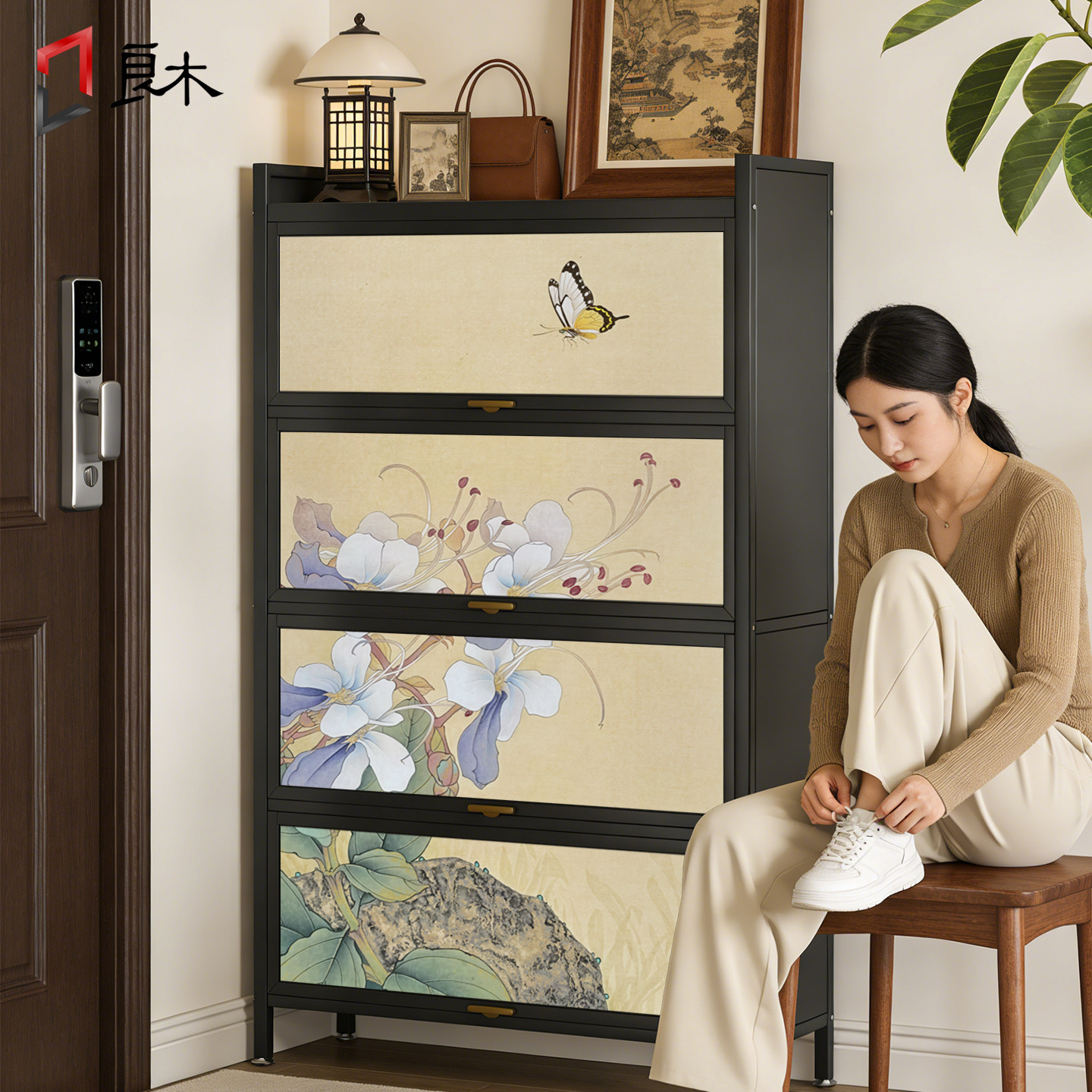 宋氏美学黑色鞋柜家用门口入户玄关鞋柜门后楼道口多层收纳储物柜