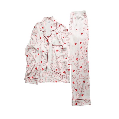 欧美风 夏季丝质缎面爱心印花长袖裤吊裙女士睡衣家居服套装包邮