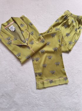 出口外贸 蜜蜂印花冰丝柔软缎面薄款女士长袖裤睡衣家居服套装