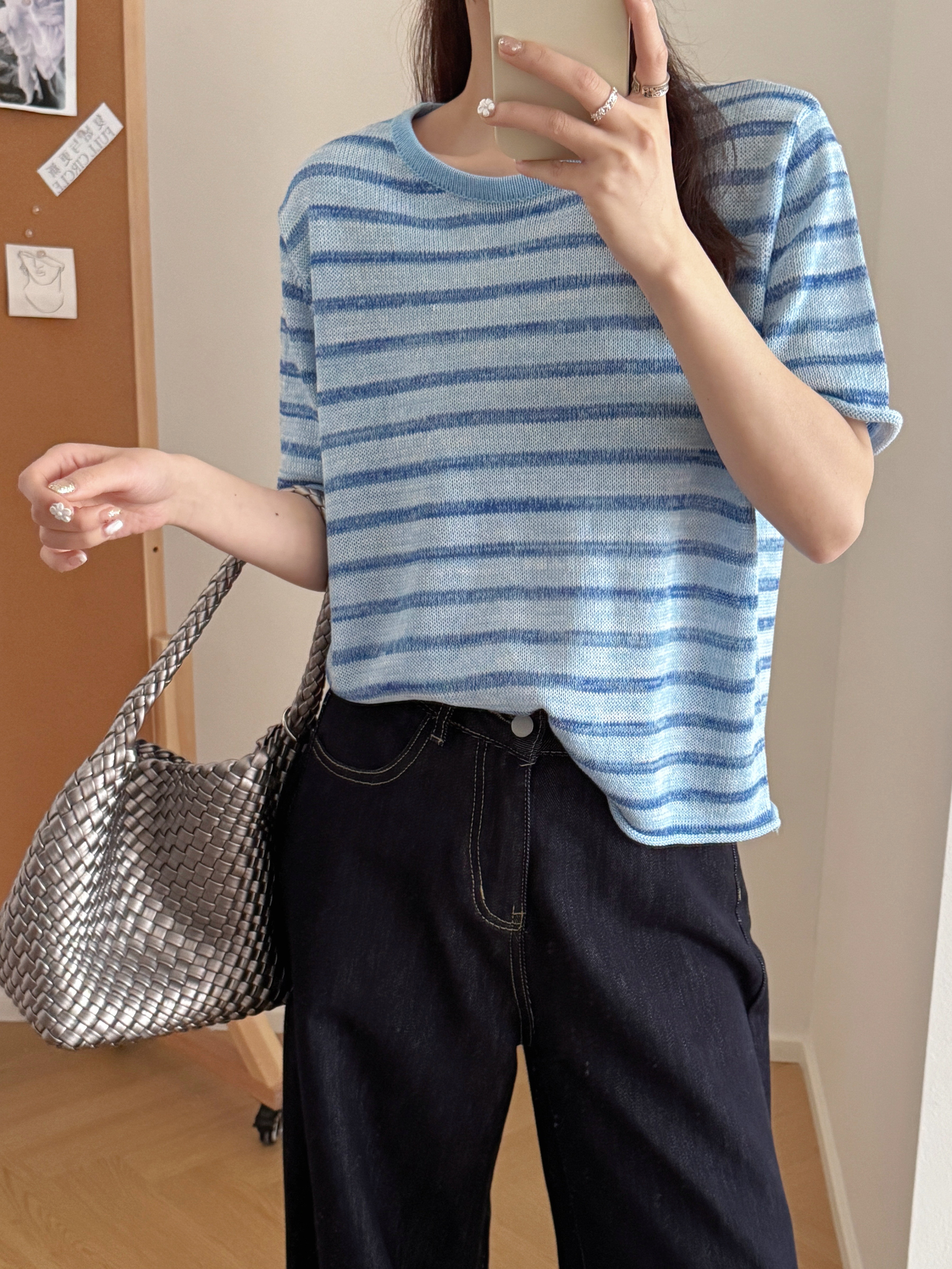 松弛复古海魂针织衫女圆领卷边袖口针织短袖经典打底条纹上衣1083