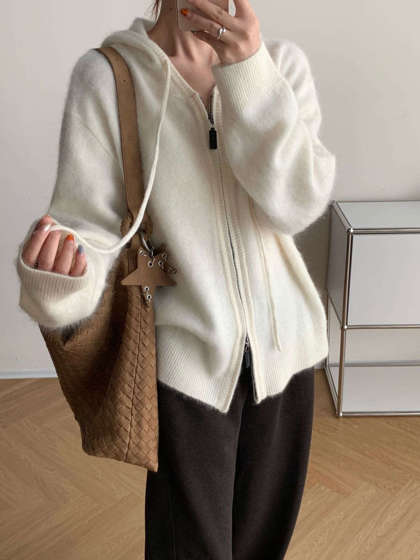 100%绵羊毛拉毛连帽针织开衫女2025秋冬新款chic感毛衣上衣潮9267