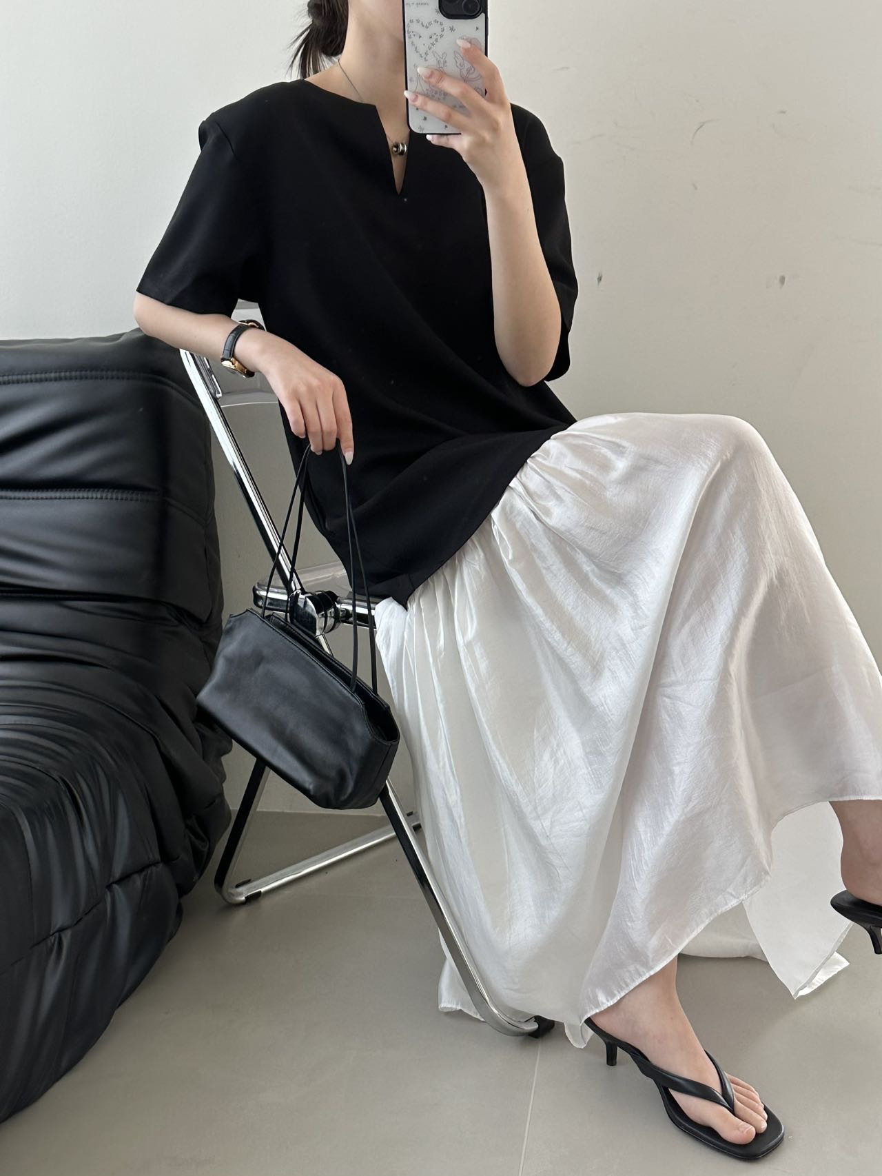 黑白拼接短袖连衣裙女轻礼服设计感小众宽松气质长裙假两件裙2316
