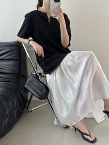 黑白拼接短袖连衣裙女轻礼服设计感小众宽松气质长裙假两件裙2316
