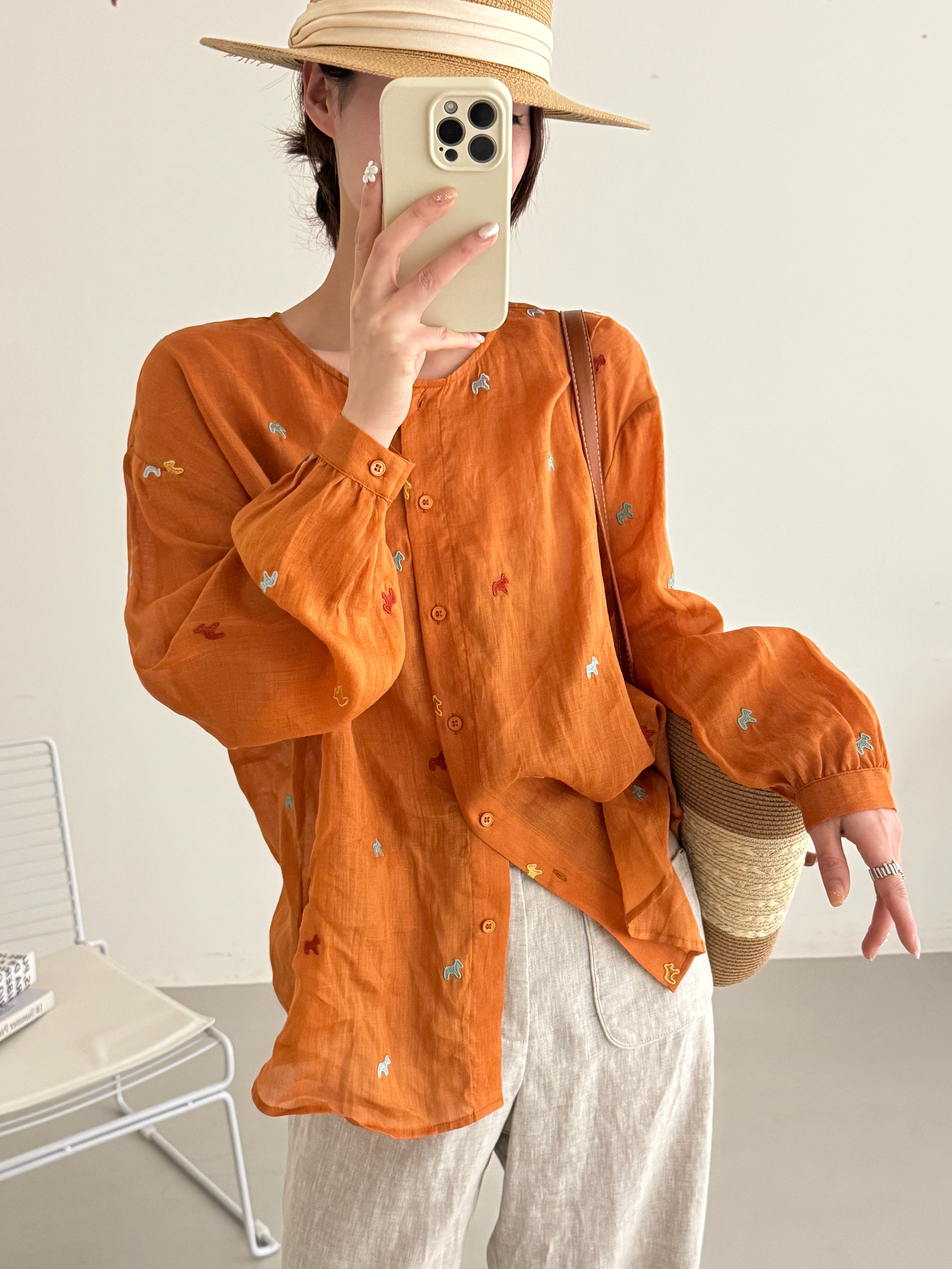 100纯苎麻刺绣微透薄衬衫2026春夏新款宽松防晒罩衫长袖上衣1604