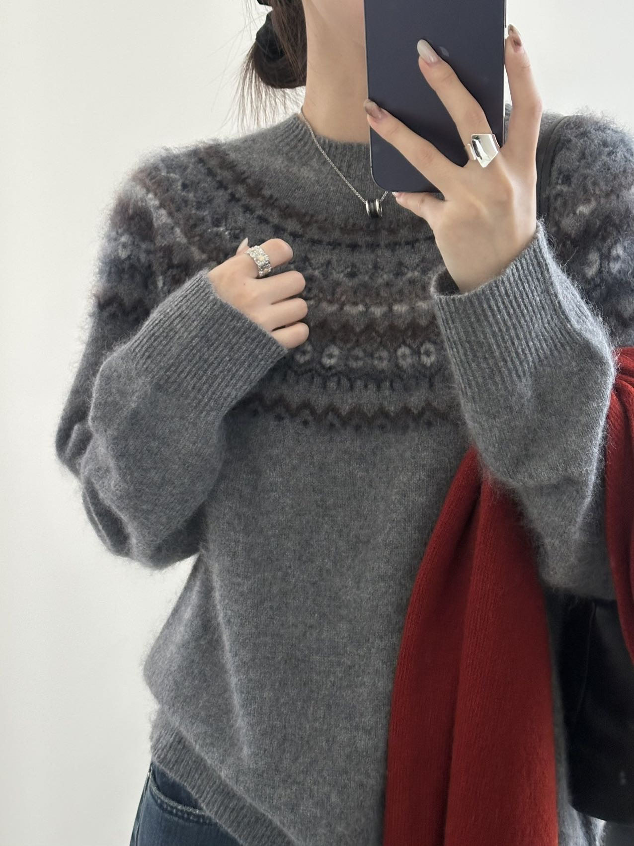 100%绵羊毛费尔岛毛衣美丽诺全羊毛摩天轮提花圆领套头针织衫8157