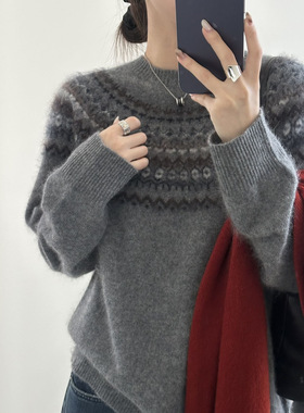 100绵羊毛费尔岛毛衣美丽诺全羊毛摩天轮提花圆领套头针织衫8157