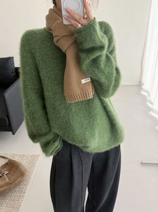 90%绵羊毛花纱拉绒毛衣女温柔百搭圆领针织衫上衣拉毛羊毛衫9977