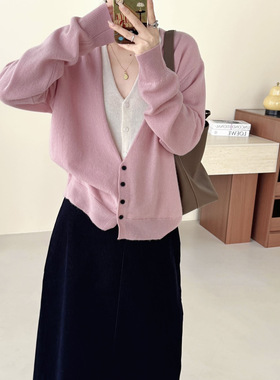 100绵羊毛假两件V领开衫毛衣外套女2025秋季新款羊毛开衫潮7291