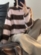 绵羊毛小皮草女软糯风廓形齿状条纹圆领羊毛毛衣针织衫 上衣潮9852