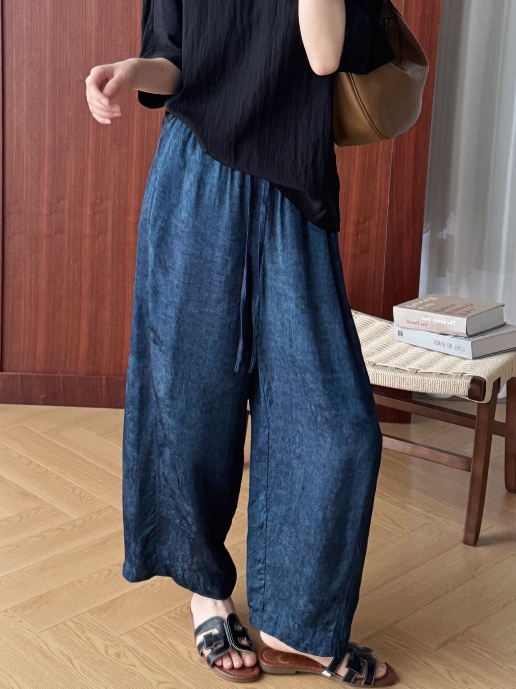 100桑蚕丝香云纱花裤提花香蕉裤女26薄高级休闲裤显瘦阔腿裤3079
